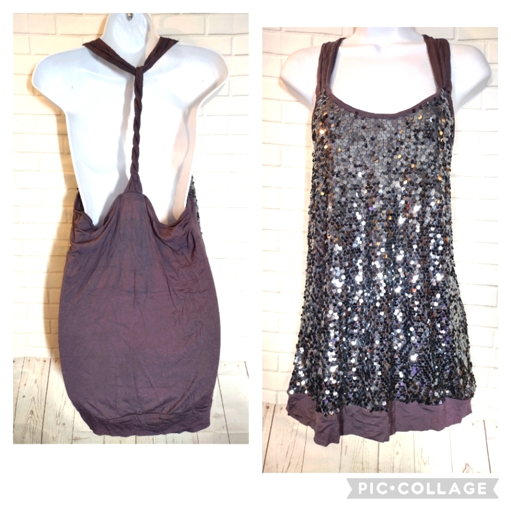 Express Gray Embellished Sequin Metallic Gunmetal Silver Tie Dye Top